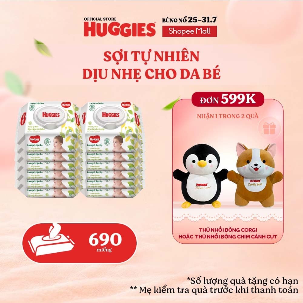 Thùng 12 gói khăn ướt Huggies Êm mềm (không mùi) cao cấp, sợi tự nhiên và dịu nhẹ cho bé (80 miếng/gói)