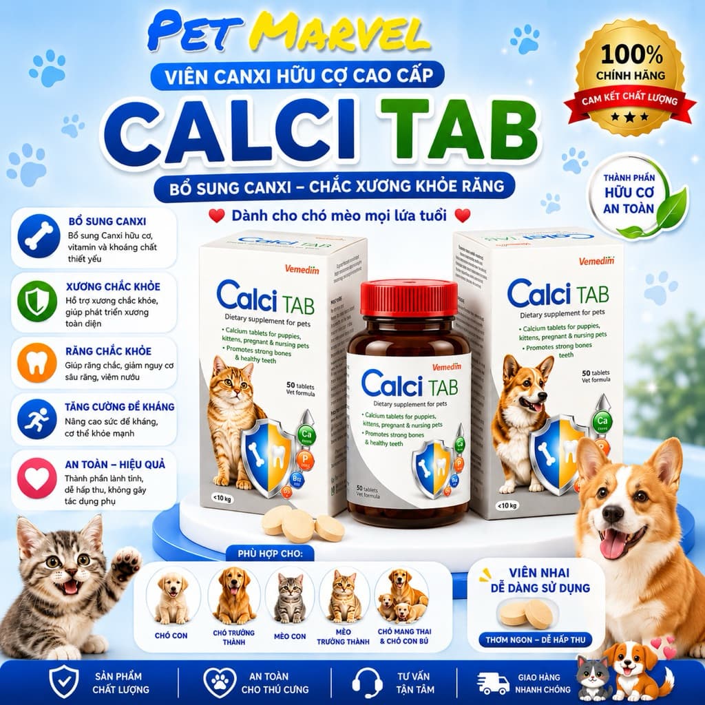 Viên canxi cho chó, mèo con, chó, mèo mang thai và nuôi con giúp xương chắc, răng khỏe Calci tab VIMEDIM lọ 50 viên