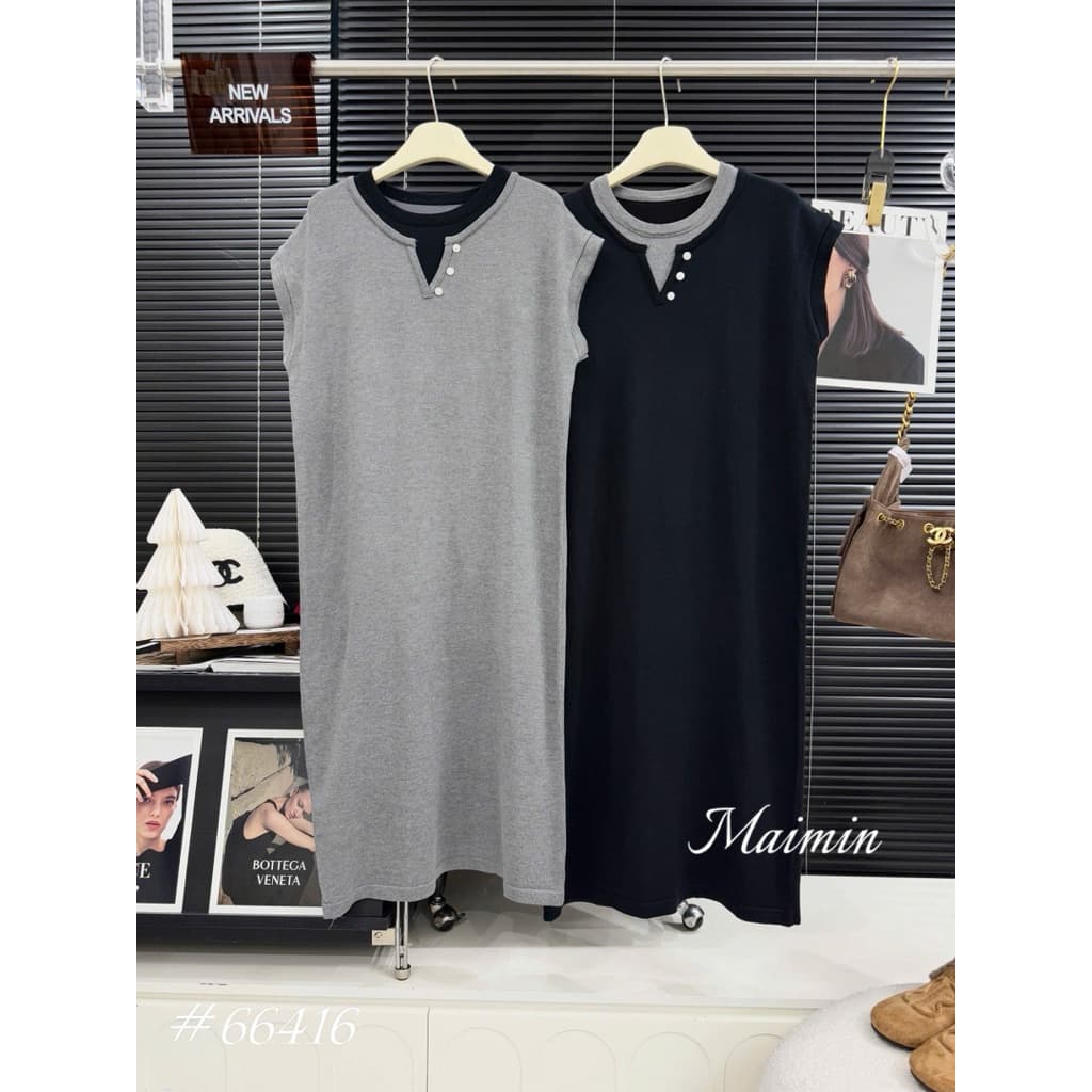 <Đầm Bầu Quynhanhhouse> (QC) #66416 Váy suông bầu len suông cổ xẻ khuy freesize
