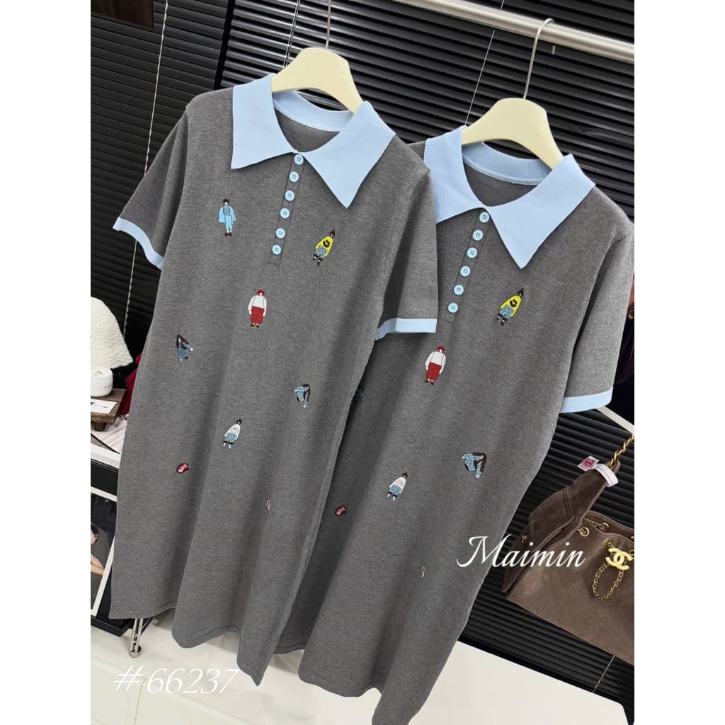 <Đầm Bầu Quynhanhhouse> (QC) #66237 Váy len suông cổ đức thêu hoạ tiết freesize