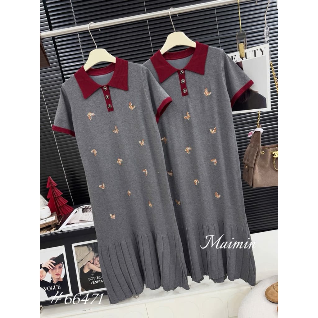 <Đầm Bầu Quynhanhhouse> (QC) #66471 Váy len suông cổ đức chân li thêu freesize