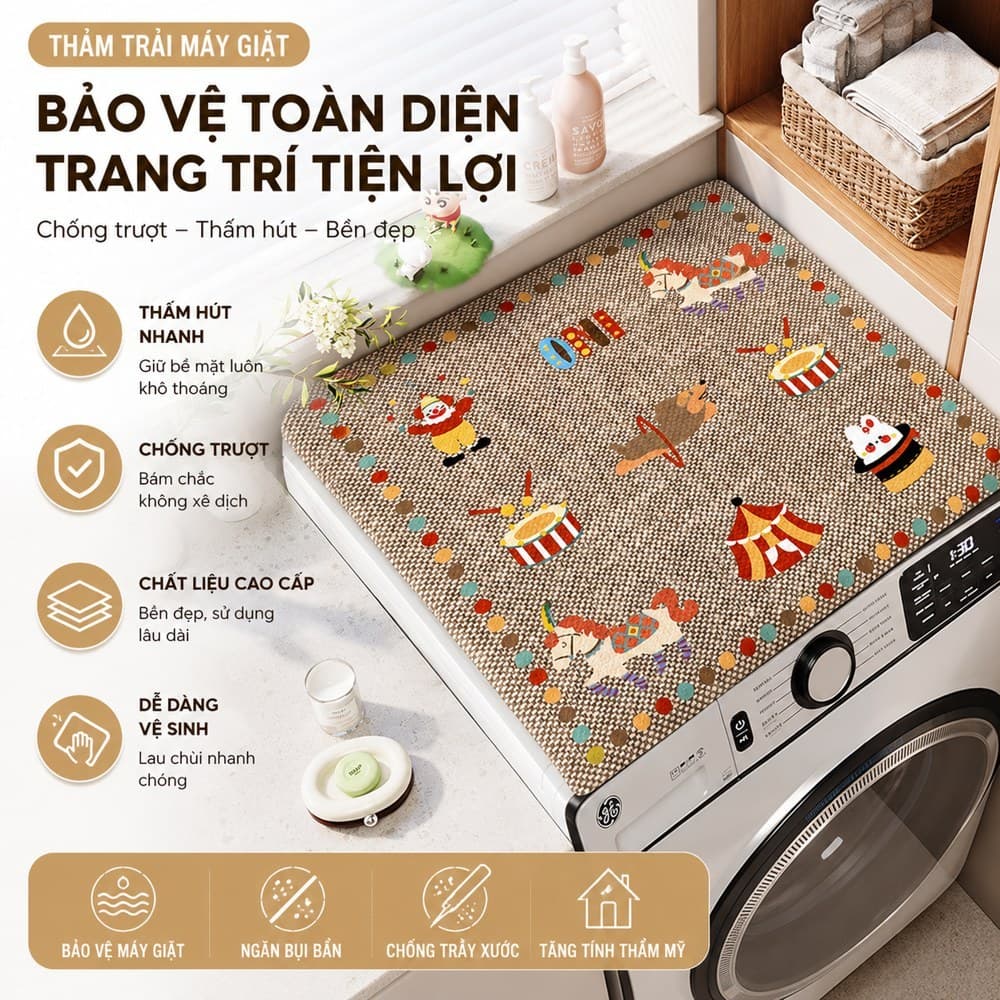 Thảm Phủ Nóc Máy Giặt Họa Tiết Vintage, Chống Bám Bụi Và Trầy Xước hảm Trang Trí Phòng Giặt Đa Năng
