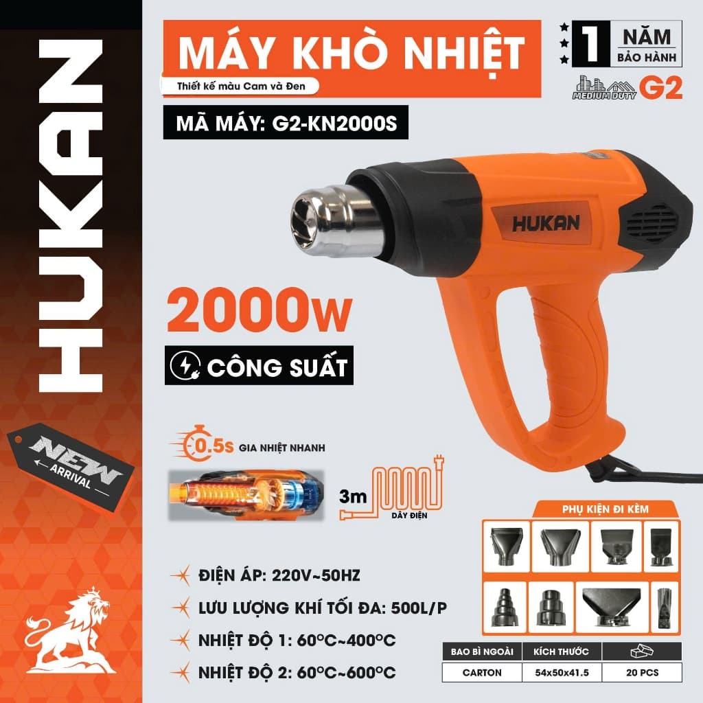 Máy Khò Nhiệt Nóng Điện HUKAN G2-KN2000s, Công Suất Cao 2000w, Nhiệt Độ 60~600*C - Tặng 8 Đầu Ống