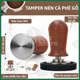 Tamper nén cà phê Espresso, đế inox 304, tay cầm gỗ chuẩn size 51,53,58mm (tặng cây đánh tơi cafe) chuyên nghiệp Mixmore 2