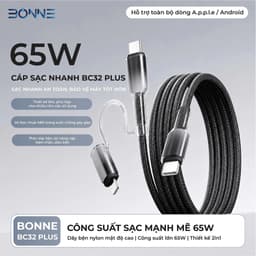Dây Sạc Nhanh BC32 PLUS 2in1 65W Chính Hãng BONNE TECH, Cáp Sạc Chất Liệu Nylon Bọc Nhựa Trong Suốt Chống Rối Và Gẫy Gập 7