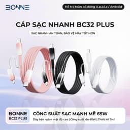 Dây Sạc Nhanh BC32 PLUS 2in1 65W Chính Hãng BONNE TECH, Cáp Sạc Chất Liệu Nylon Bọc Nhựa Trong Suốt Chống Rối Và Gẫy Gập 2