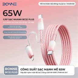 Dây Sạc Nhanh BC32 PLUS 2in1 65W Chính Hãng BONNE TECH, Cáp Sạc Chất Liệu Nylon Bọc Nhựa Trong Suốt Chống Rối Và Gẫy Gập 9