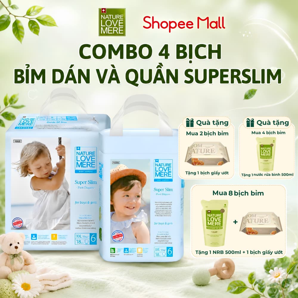 Combo 4 Bịch Bỉm ngày siêu mỏng Nature Love Mere siêu mềm mịn cho bé khô thoáng cả ngày, chống hăm
