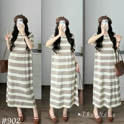 <Đầm Bầu Quynhanhhouse> (Qc) #902 Váy mtg kẻ cổ tròn Free sz be/than Bầu bí bon chen 3