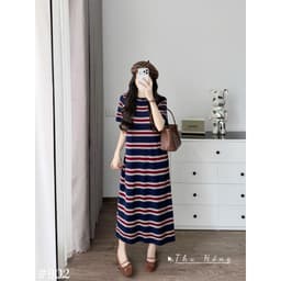 <Đầm Bầu Quynhanhhouse> (Qc) #902 Váy mtg kẻ cổ tròn Free sz be/than Bầu bí bon chen 9