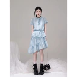HB - Set Váy Kẻ Tăm Màu Xanh Nhạt Dáng Dài - Đầm Nữ Tay Ngắn Cổ Bèo Nhún Phối Chân Váy Xếp Tầng Vạt Chéo Cá Tính D26 5