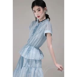 HB - Set Váy Kẻ Tăm Màu Xanh Nhạt Dáng Dài - Đầm Nữ Tay Ngắn Cổ Bèo Nhún Phối Chân Váy Xếp Tầng Vạt Chéo Cá Tính D26 3