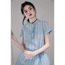 HB - Set Váy Kẻ Tăm Màu Xanh Nhạt Dáng Dài - Đầm Nữ Tay Ngắn Cổ Bèo Nhún Phối Chân Váy Xếp Tầng Vạt Chéo Cá Tính D26 2