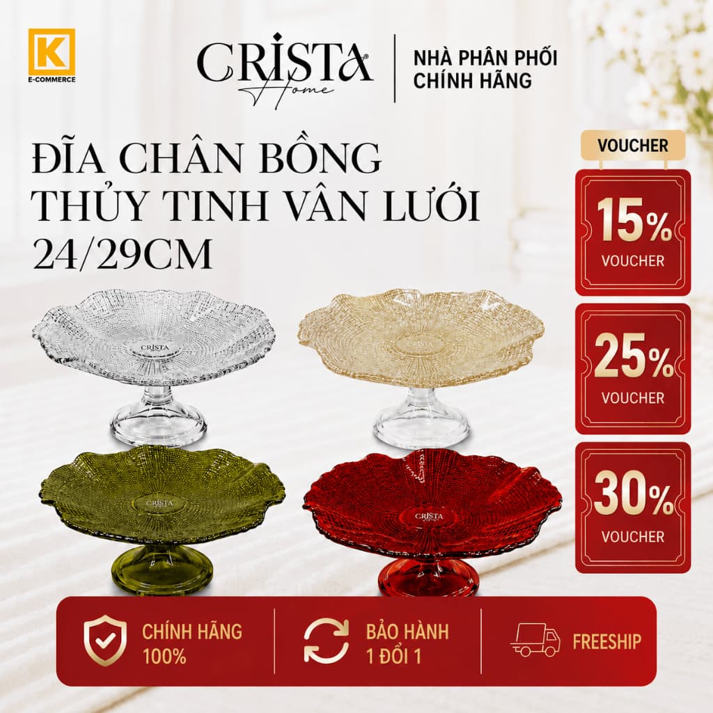 Đĩa Chân Bồng Thủy Tinh Vân Lưới 24/29cm CRISTA HOME 60206, 60219