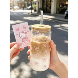 Cốc Thuỷ Tinh Kèm Vòi Dung Tích 600ml, Có Nắp Gỗ, Hình Hello Kitti, Phong Cách Hàn Quốc, Chất Liệu Thuỷ Tinh Siêu Trong 7