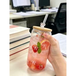 Cốc Thuỷ Tinh Kèm Vòi Dung Tích 600ml, Có Nắp Gỗ, Hình Hello Kitti, Phong Cách Hàn Quốc, Chất Liệu Thuỷ Tinh Siêu Trong 5