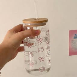 Cốc Thuỷ Tinh Kèm Vòi Dung Tích 600ml, Có Nắp Gỗ, Hình Hello Kitti, Phong Cách Hàn Quốc, Chất Liệu Thuỷ Tinh Siêu Trong 6