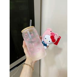 Cốc Thuỷ Tinh Kèm Vòi Dung Tích 600ml, Có Nắp Gỗ, Hình Hello Kitti, Phong Cách Hàn Quốc, Chất Liệu Thuỷ Tinh Siêu Trong 9