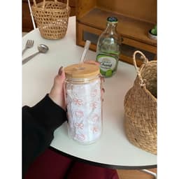 Cốc Thuỷ Tinh Kèm Vòi Dung Tích 600ml, Có Nắp Gỗ, Hình Hello Kitti, Phong Cách Hàn Quốc, Chất Liệu Thuỷ Tinh Siêu Trong 8