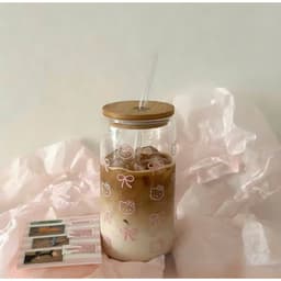 Cốc Thuỷ Tinh Kèm Vòi Dung Tích 600ml, Có Nắp Gỗ, Hình Hello Kitti, Phong Cách Hàn Quốc, Chất Liệu Thuỷ Tinh Siêu Trong 4