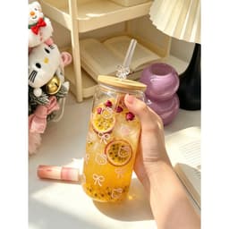 Cốc Thuỷ Tinh Kèm Vòi Dung Tích 600ml, Có Nắp Gỗ, Hình Hello Kitti, Phong Cách Hàn Quốc, Chất Liệu Thuỷ Tinh Siêu Trong 3