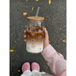 Cốc Thuỷ Tinh Kèm Vòi Dung Tích 600ml, Có Nắp Gỗ, Hình Hello Kitti, Phong Cách Hàn Quốc, Chất Liệu Thuỷ Tinh Siêu Trong 2