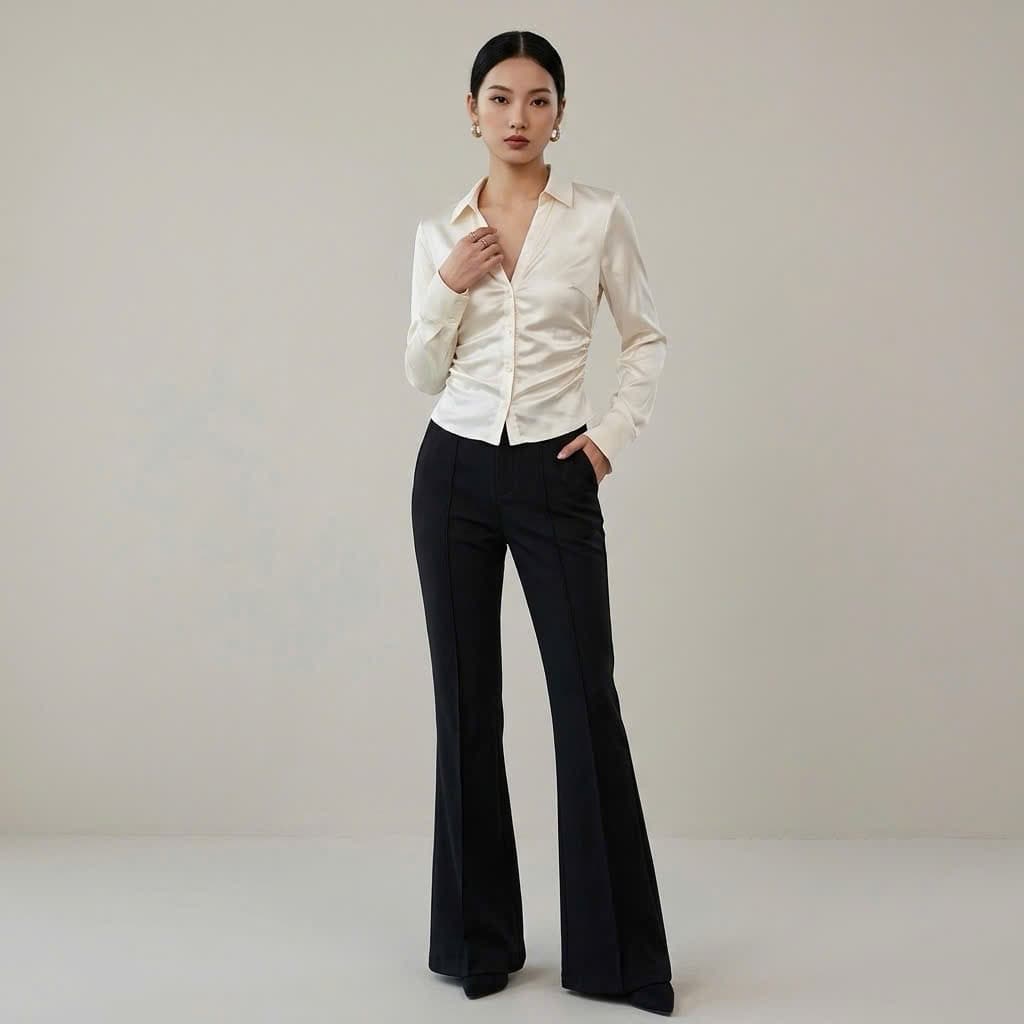 [ Hiền VNXK2] Áo Sơ Mi Nữ Tay Dài Lụa Satin Rút Rúm Eo - Tôn Dáng, Thanh Lịch hàng vnxk