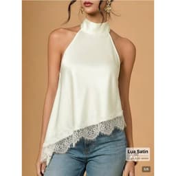 [ Hiền VNXK2] Áo Cổ Yếm Lụa Satin Nữ , Sát Nách Vạt Xéo Phối Ren Cao Cấp Sang Trọng Đi Chơi Tiệc hàng vnxk 1