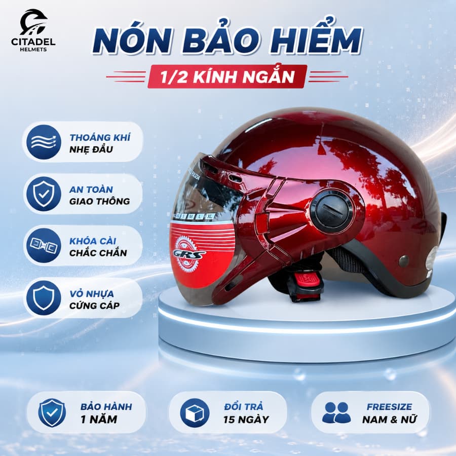 Nón bảo hiểm nửa đầu GRS kính ngắn, đa dạng màu sắc, nam nữ đều dùng, bảo hành 12 tháng.
