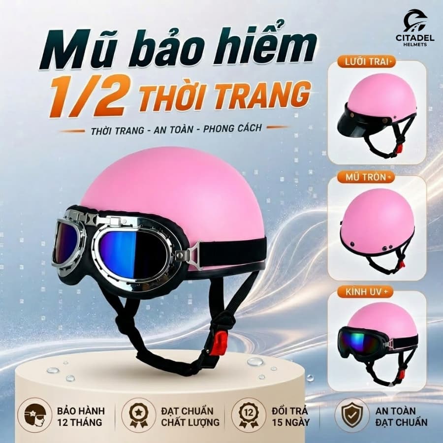 Mũ Bảo Hiểm 1/2 Dáng Phượt CAMRY – Gắn Kính Phi Công và Kính UV, Freesize Nam Nữ, Bảo Hành 12 Tháng.