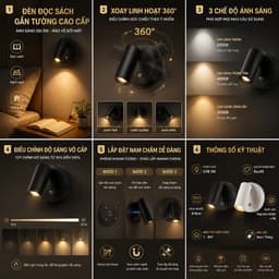 Đèn Đọc Sách Gắn Tường Nam Châm Xoay 360° COB 3W – 3 Chế Độ Ánh Sáng, Điều Chỉnh Độ Sáng Vô Cấp, Đèn Đầu Giường Phòng Ng 2