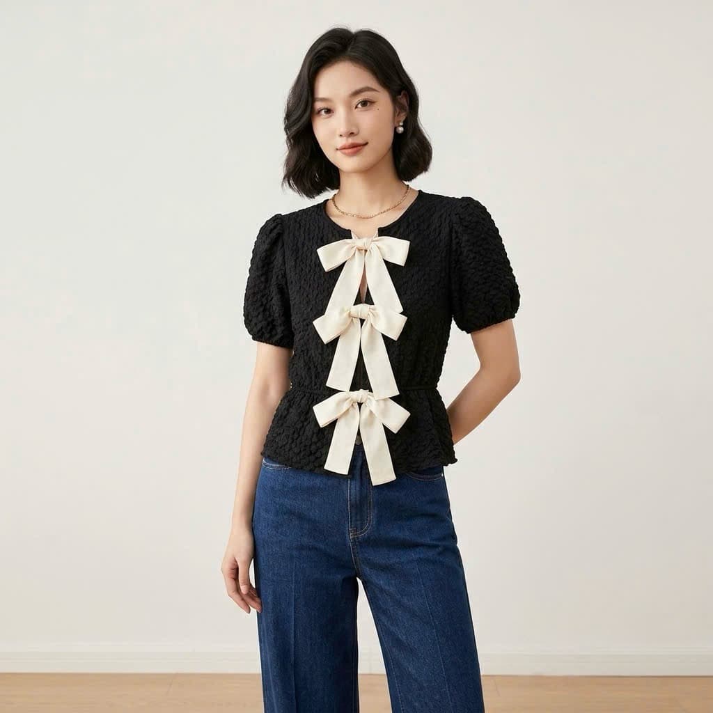 [ Hiền VNXK2] Áo Thun Xốp Tay Ngắn Nữ,Tay Phồng,Cột Nơ Sang Trọng -Áo Thun kiểu Hàn Quốc Đi Chơi Đi Làm Thoải Mái