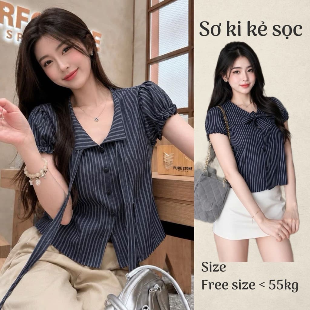 Áo sơ mi kiểu Hàn Quốc cổ V sang trọng màu kẻ sọc dáng lửng tôn dáng SMD2