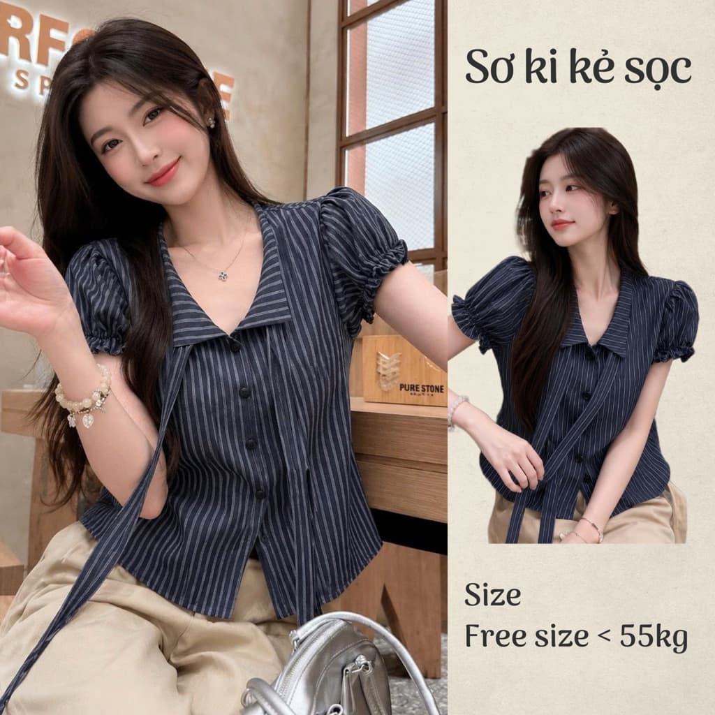 Áo sơ mi cọc tay bo chun cổ vest dáng lửng màu kẻ sọc Hàn Quốc BYN BYN SMD26