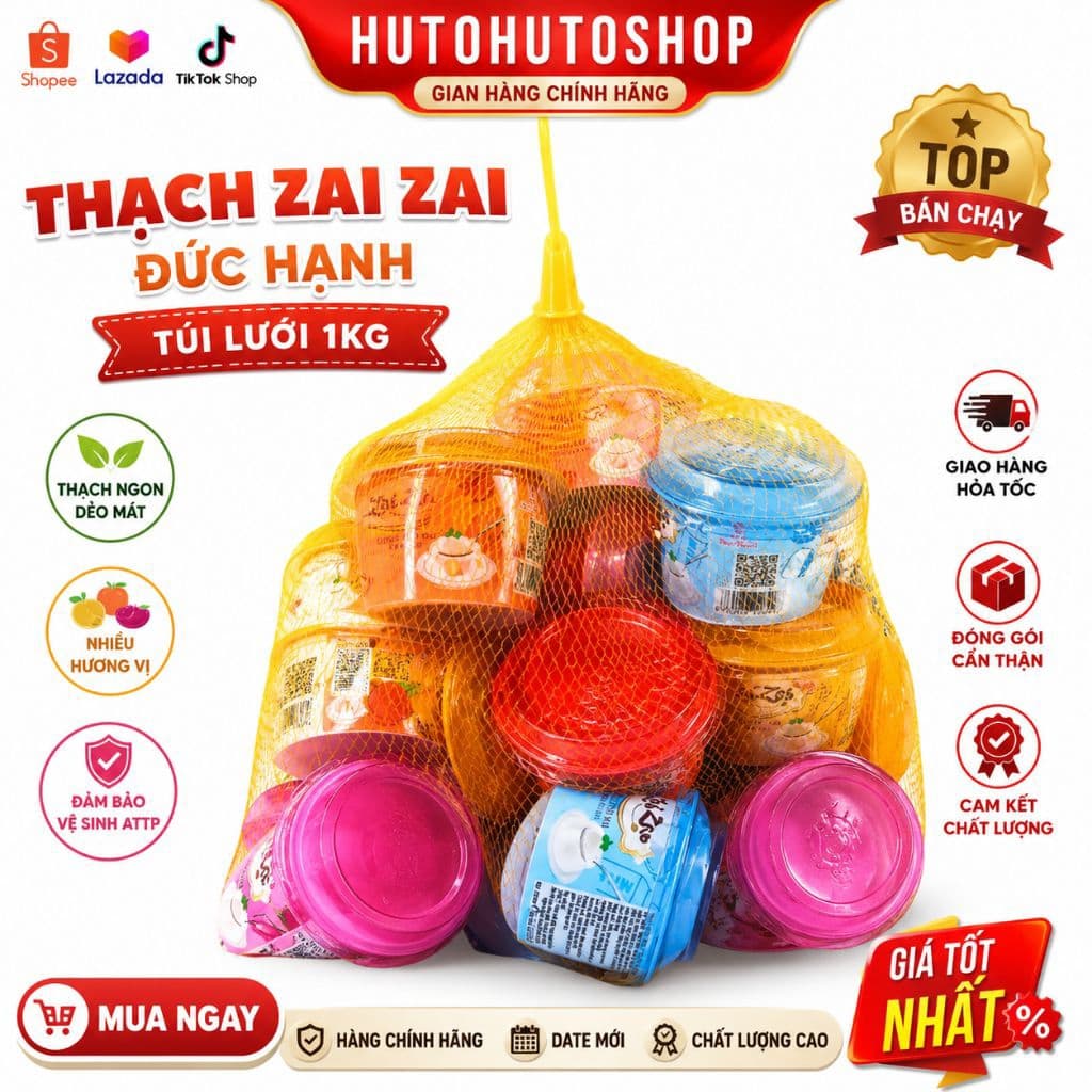Thạch Zai Zai Đức Hạnh Túi Lưới 1kg Mix Nhiều Vị - Thạch Ly Ăn Liền Dai Giòn Mát Lạnh - Hàng Chính Hãng | Hutohuto