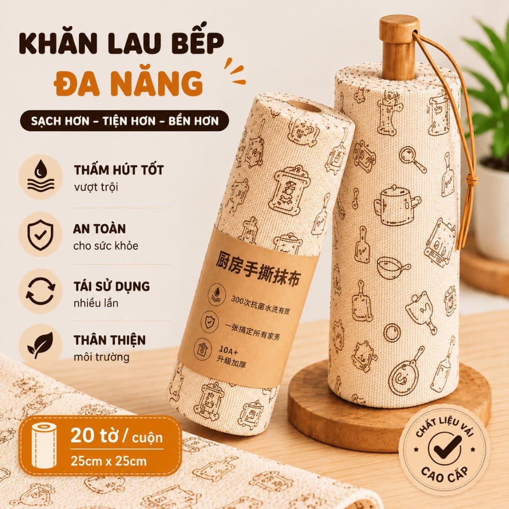 Khăn Lau Bếp Đa Năng Kháng Khuẩn,Cuộn Khăn Siêu Thấm Hút Dầu Mỡ, Không Xơ Vải, Tái Sử Dụng