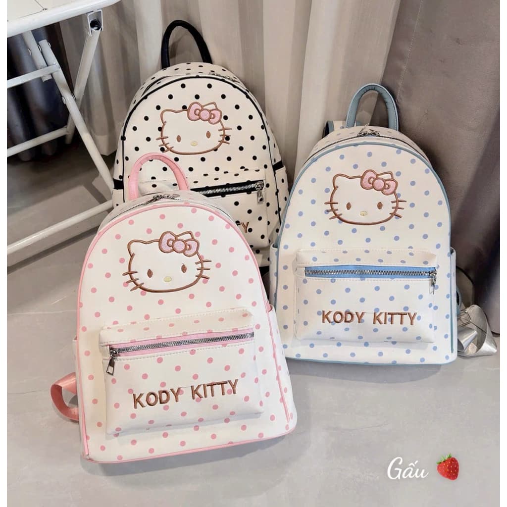 Balo đi học đi làm size 40 hoạ tiết mèo chấm bi thêu chữ nổi KODY KITY sieu xinh size to rộng đa năng tiện dụng