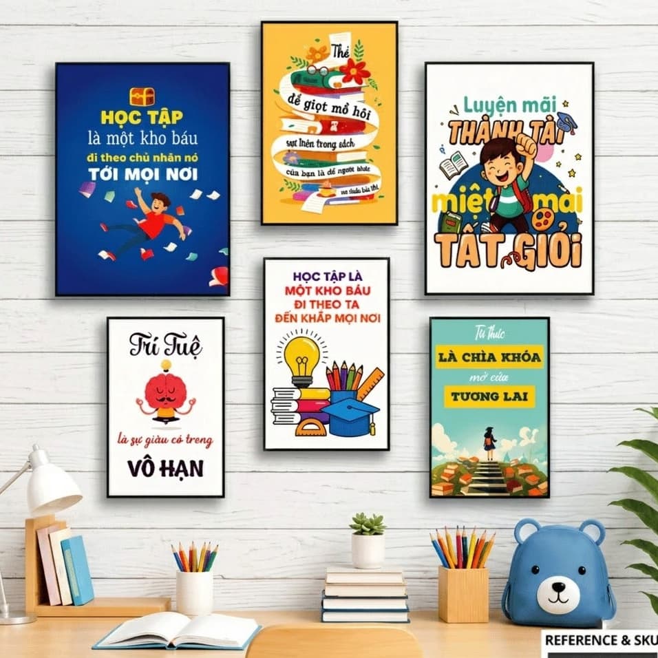 Tranh Dán Tường -Bộ 6 Tranh Slogan Dán Tường Trang Trí Góc Học Tập, Lớp Học Cho Bé Tranh Decor Phòng Ngủ, Bàn Học Cho Bé