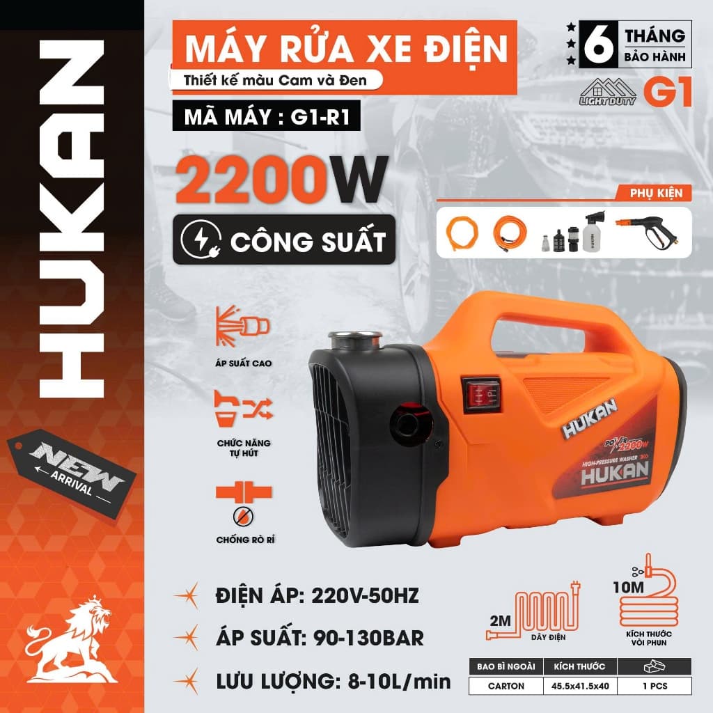 Máy Rửa Xe, Sân Vườn HUKAN G1-R1 Công Suất 2200w, Áp Suất 130bar, Tặng Kèm Bộ Phụ Kiện Đầy Đủ