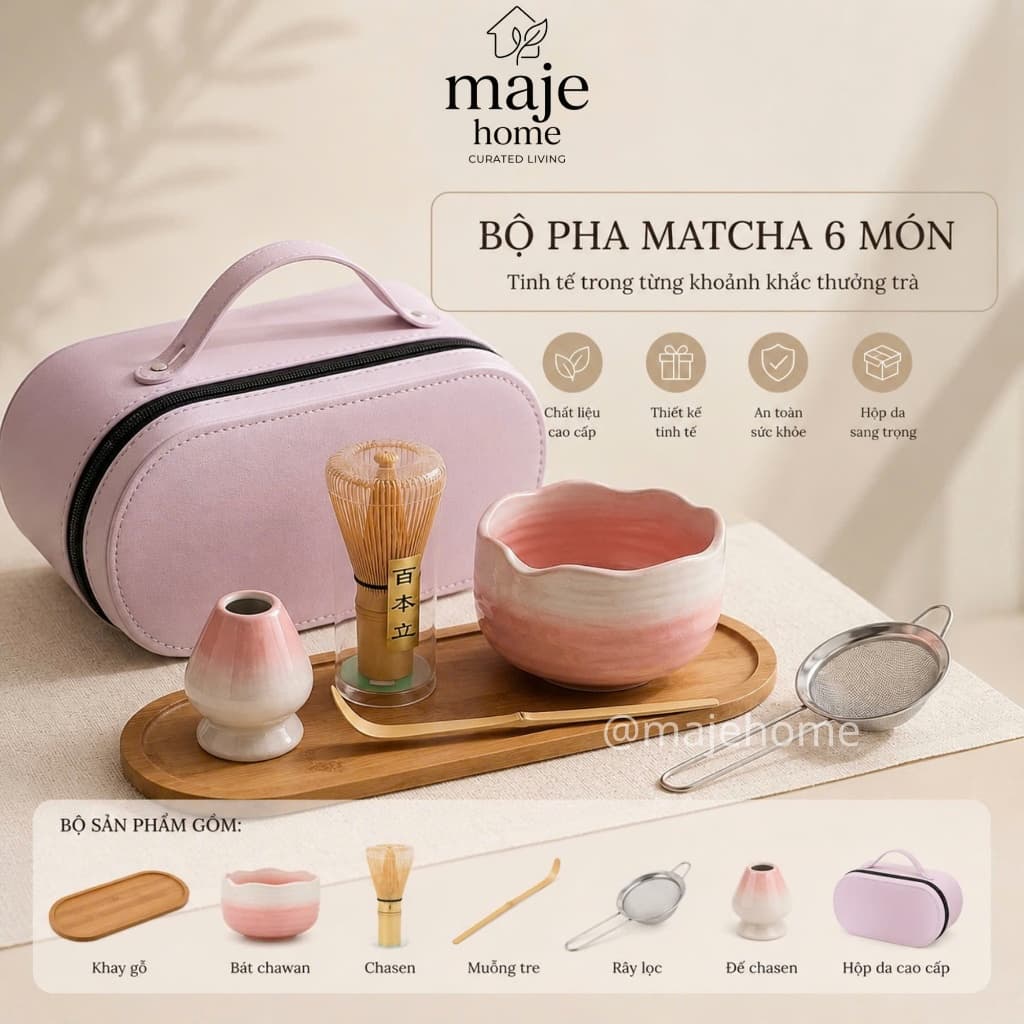 Bộ pha matcha 6 món kèm hộp da cao cấp. Bộ dụng cụ pha matcha đầy đủ làm quà tặng sang trọng - Majehome