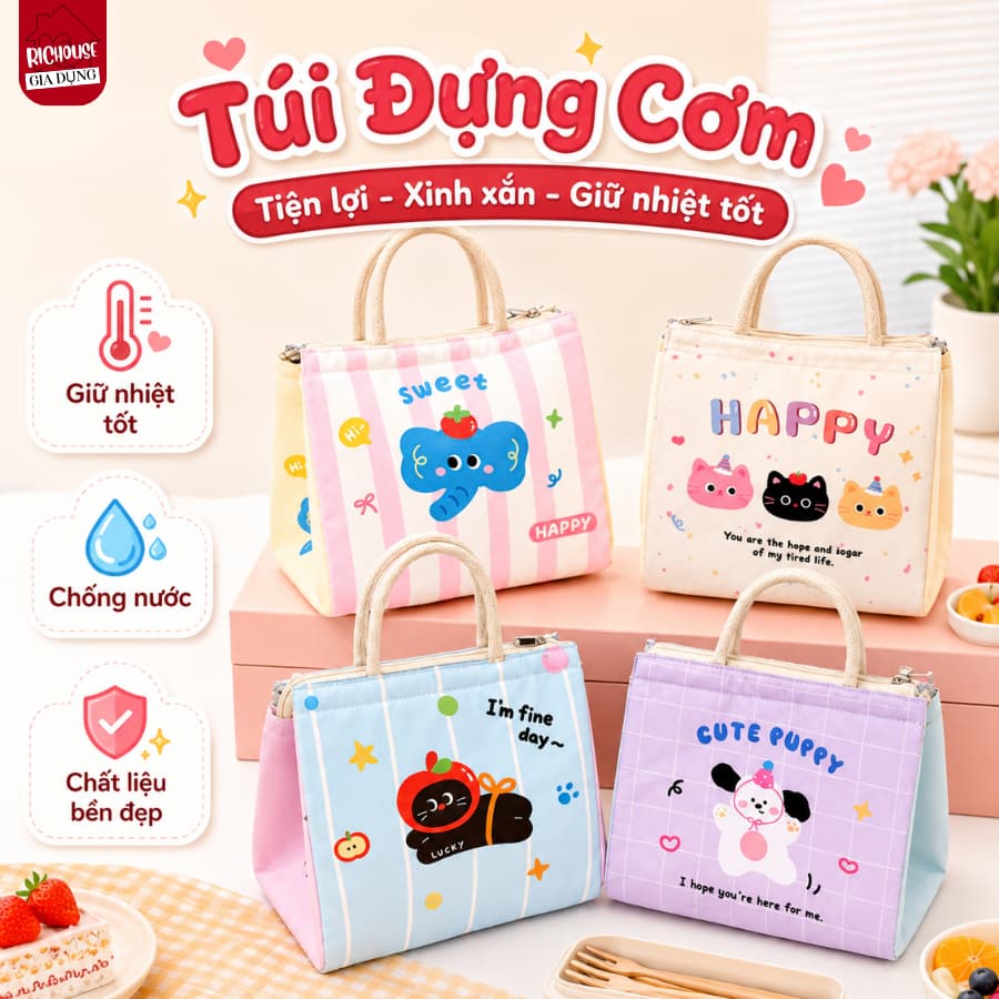 Túi Đựng Cơm Giữ Nhiệt Canvas Dễ Thương Có Quai Xách, Túi Đựng Cơm Văn Phòng, Đi Học, Picnic