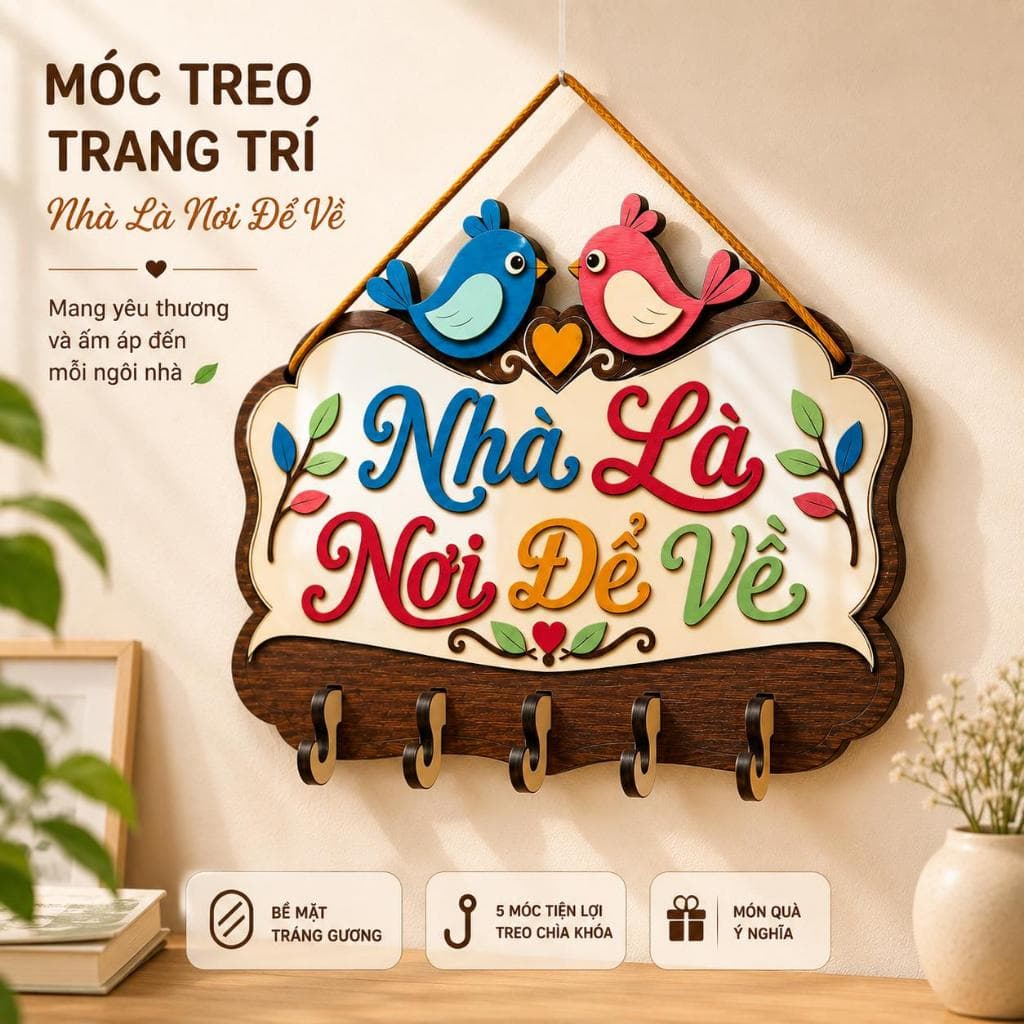 Móc Treo Chìa Khóa Tiện Lợi [Nhà Là Nơi Để Về] - Phụ Kiện Gỗ Treo Đồ Tường Phòng Khách Ấm Cúng