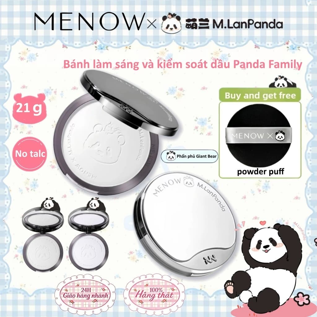 MENOW x MENGLAN PANDA Phấn phủ nén gấu trúc khổng lồ kiềm dầu giữ tone vượt trội 21g(Bao gồm và bông phấn)