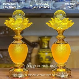 Đèn thờ hoa sen Bông Cầu Pha Lê Đế Hoa Sen bầu thuỷ tinh lưu lưu ly Cao 25,30,33cm. Giá tính 1 đôi 1