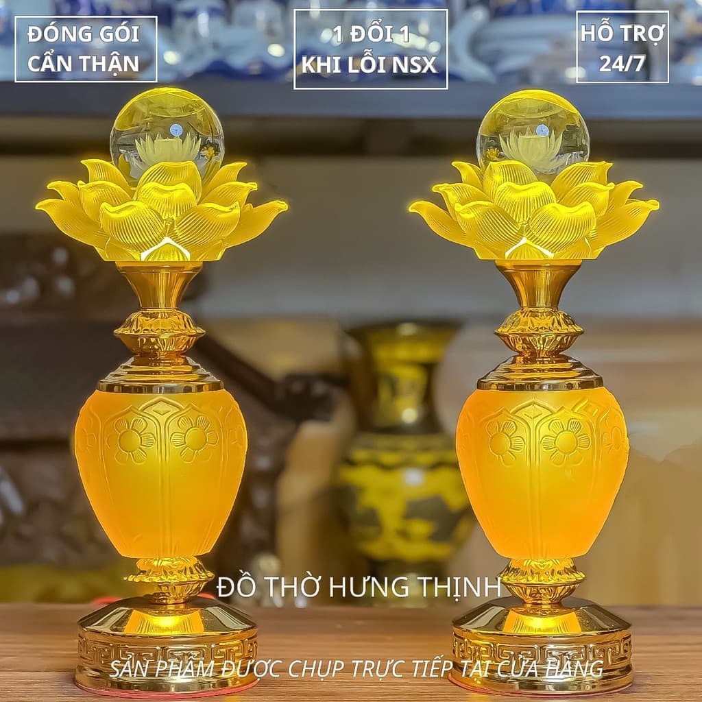 Đèn thờ hoa sen Bông Cầu Pha Lê Đế Hoa Sen bầu thuỷ tinh lưu lưu ly Cao 25,30,33cm. Giá tính 1 đôi
