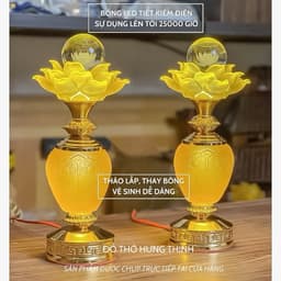 Đèn thờ hoa sen Bông Cầu Pha Lê Đế Hoa Sen bầu thuỷ tinh lưu lưu ly Cao 25,30,33cm. Giá tính 1 đôi 7