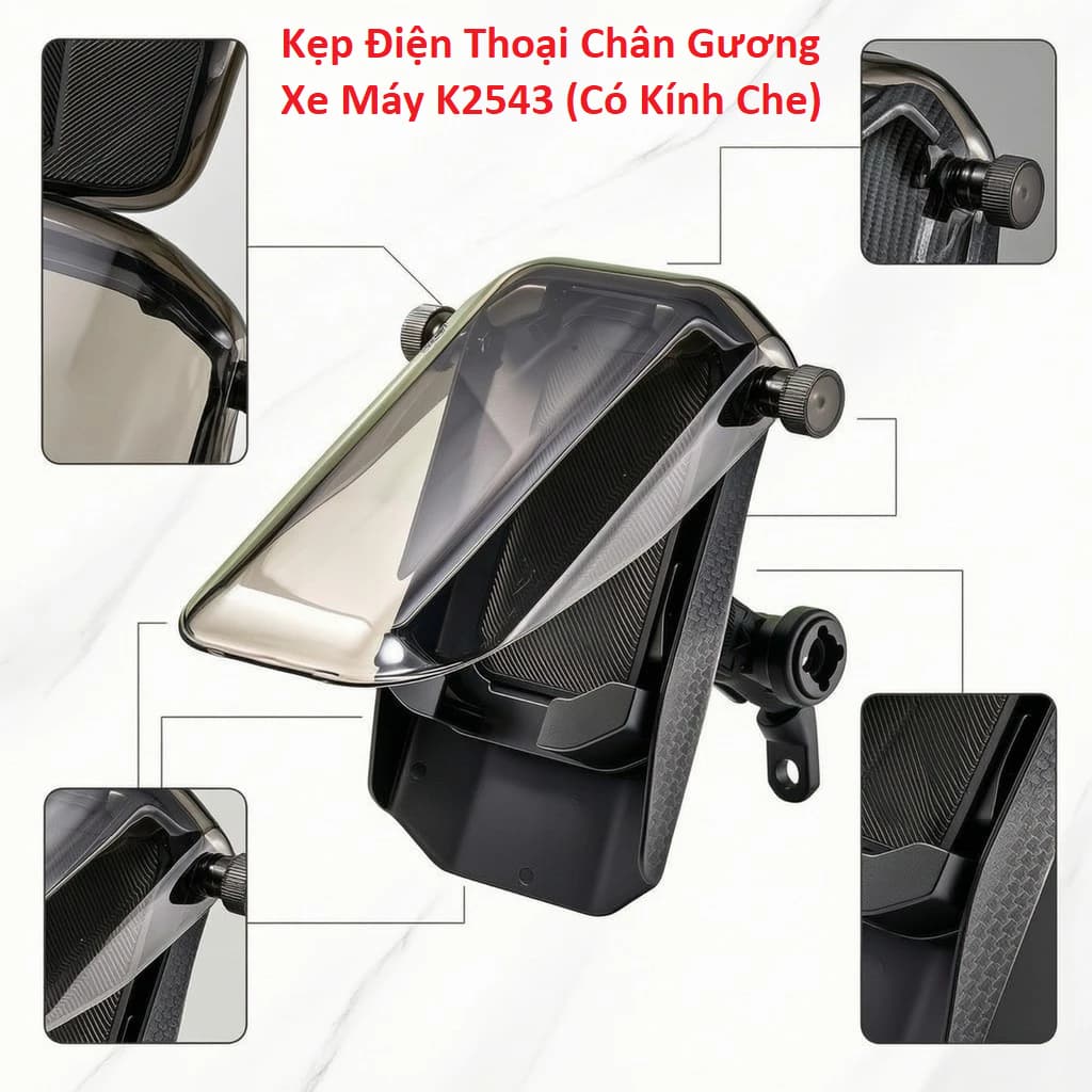 Kẹp Điện Thoại Chân Gương Xe Máy K2543/ M289 (Có Kính Che) và MT-831 (Có Mũ)