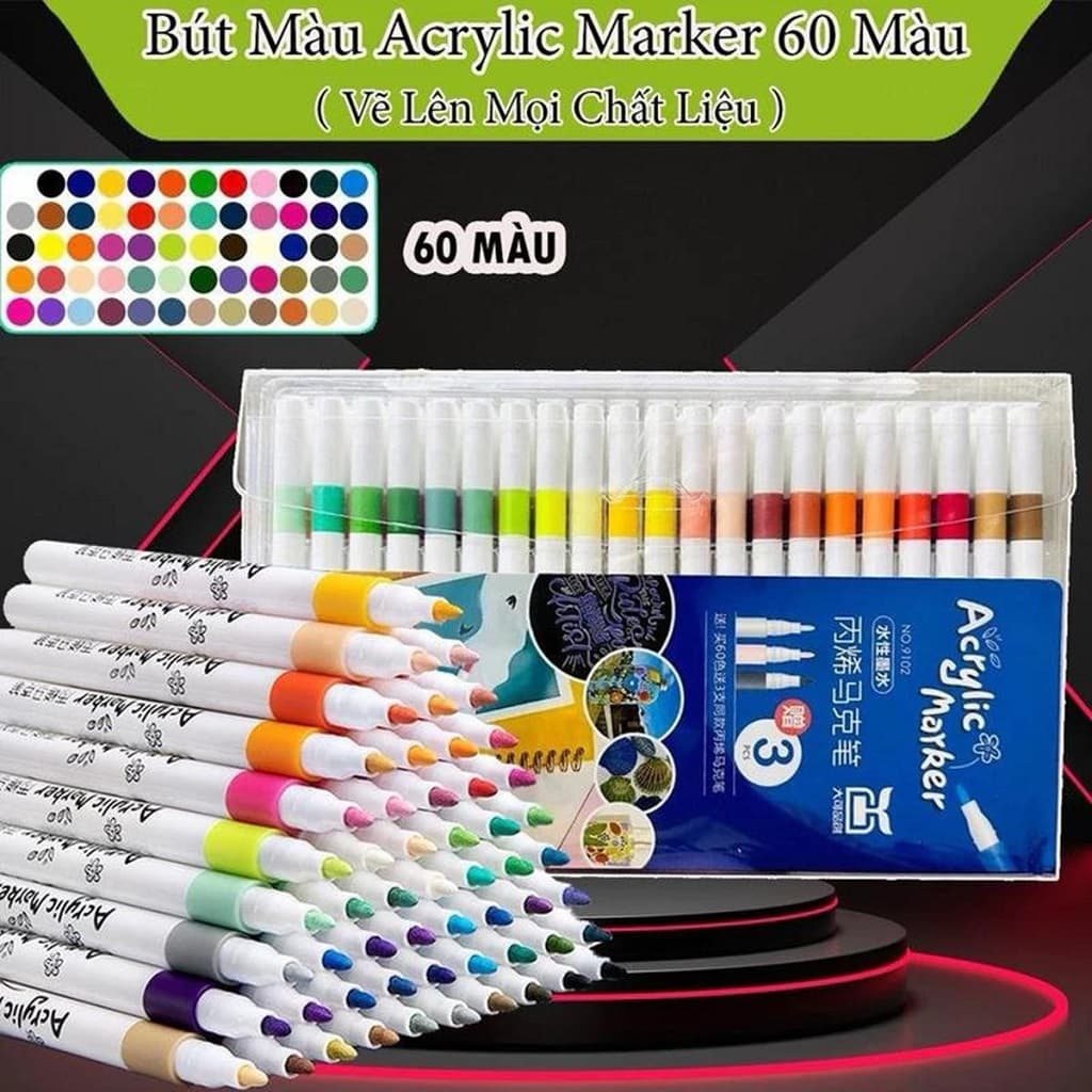Hộp 60 Bút Màu Acrylic Maker Cao Cấp Chống Nước Màu Sắc Tươi Sáng Bút Màu Vẽ Trên Mọi Chất Liệu