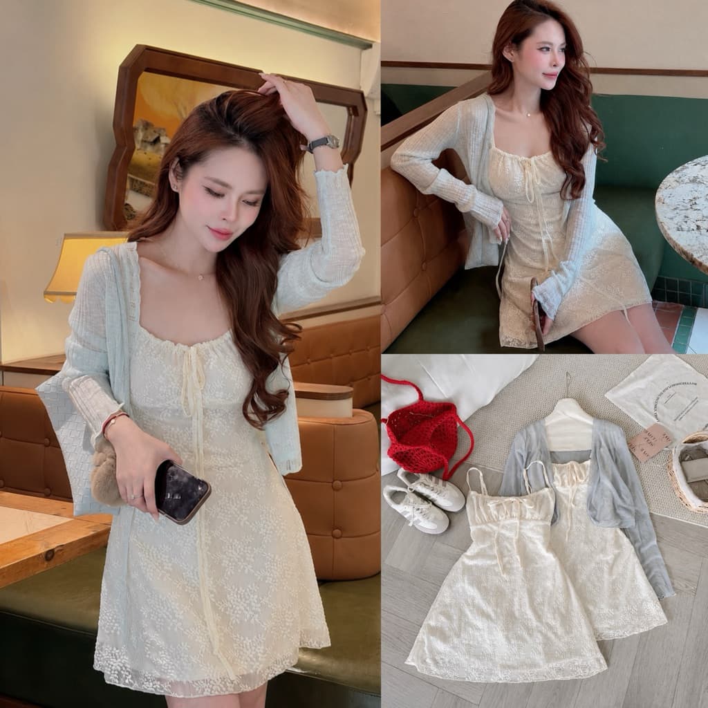 [Hàng Loại 1] Set váy 2 dây ren xốp hoa nổi mix áo khoác cardigan xanh tiffany tiểu thư A5858