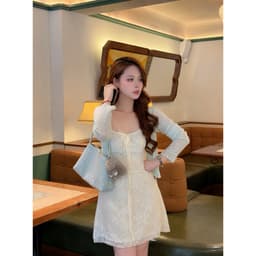 [Hàng Loại 1] Set váy 2 dây ren xốp hoa nổi mix áo khoác cardigan xanh tiffany tiểu thư A5858 2